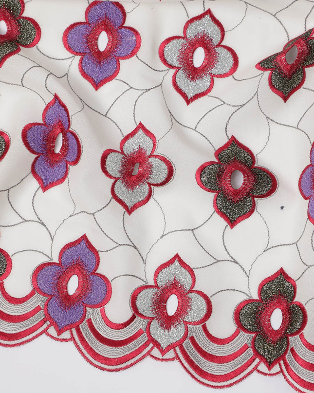 White Premium Swiss Cotton Voile Sudanese Thobe Fabric with Red and Purple Embroidery, 4.5 Meters X 140 Cms-D21643