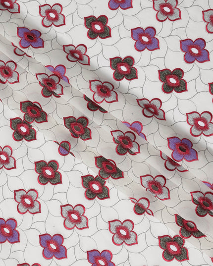 White Premium Swiss Cotton Voile Sudanese Thobe Fabric with Red and Purple Embroidery, 4.5 Meters X 140 Cms-D21643