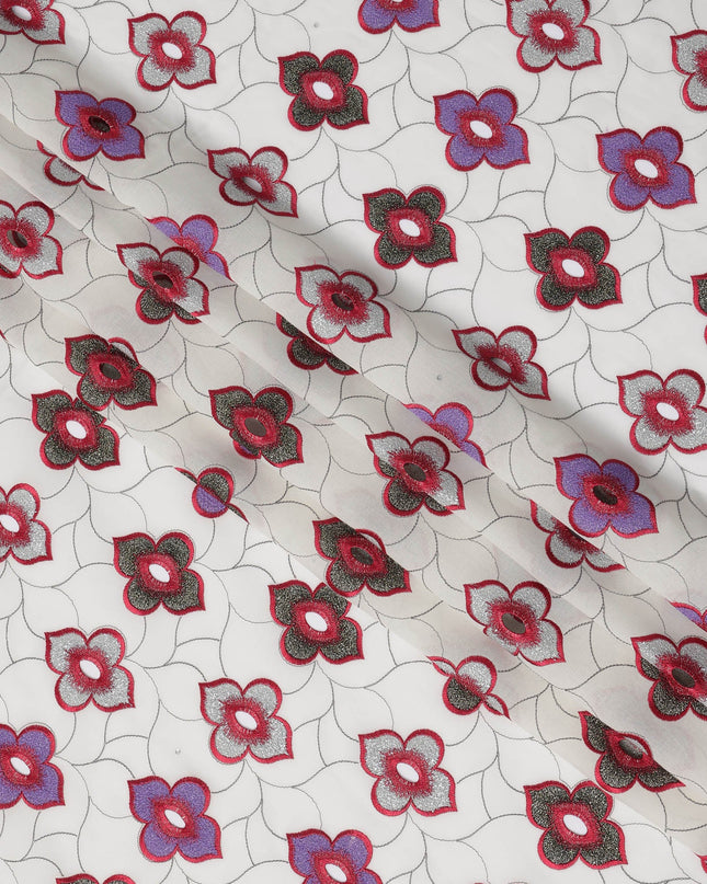 White Premium Swiss Cotton Voile Sudanese Thobe Fabric with Red and Purple Embroidery, 4.5 Meters X 140 Cms-D21643