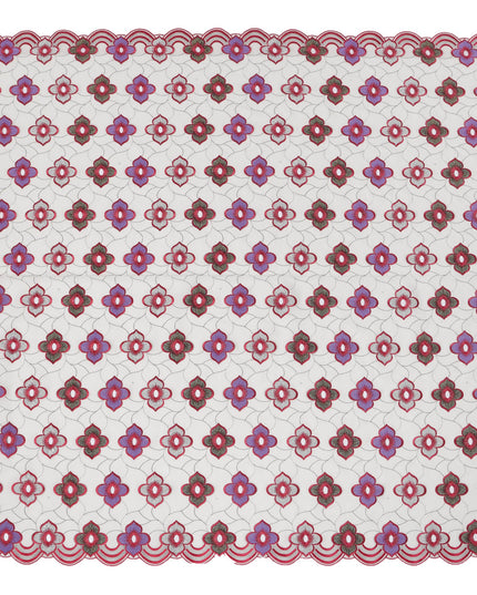 White Premium Swiss Cotton Voile Sudanese Thobe Fabric with Red and Purple Embroidery, 4.5 Meters X 140 Cms-D21643