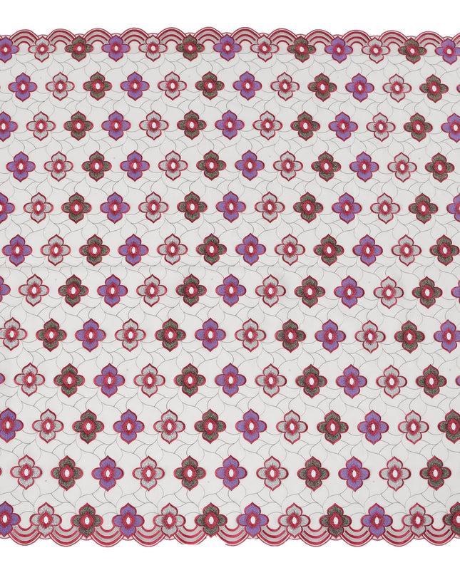 White Premium Swiss Cotton Voile Sudanese Thobe Fabric with Red and Purple Embroidery, 4.5 Meters X 140 Cms-D21643