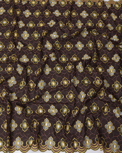 Chocolate Brown Premium Swiss Cotton Voile Sudanese Thobe Fabric with Gold and Silver Embroidery, 4.5 Meters X 140 Cms-D21644