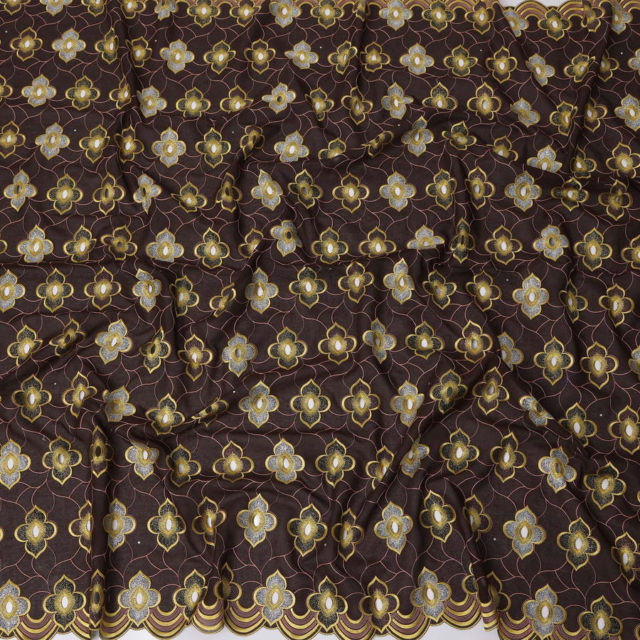 ثوب سوداني من قماش الفوال السويسري الفاخر باللون البني الشوكولاتي مع تطريز ذهبي وفضي، 4.5 متر × 140 سم - D21644