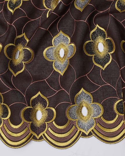 Chocolate Brown Premium Swiss Cotton Voile Sudanese Thobe Fabric with Gold and Silver Embroidery, 4.5 Meters X 140 Cms-D21644