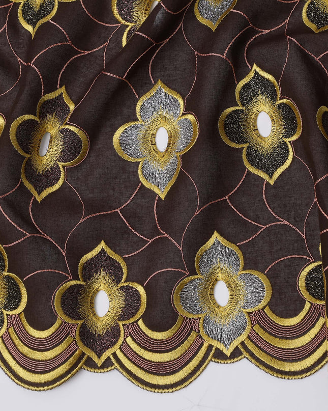 Chocolate Brown Premium Swiss Cotton Voile Sudanese Thobe Fabric with Gold and Silver Embroidery, 4.5 Meters X 140 Cms-D21644