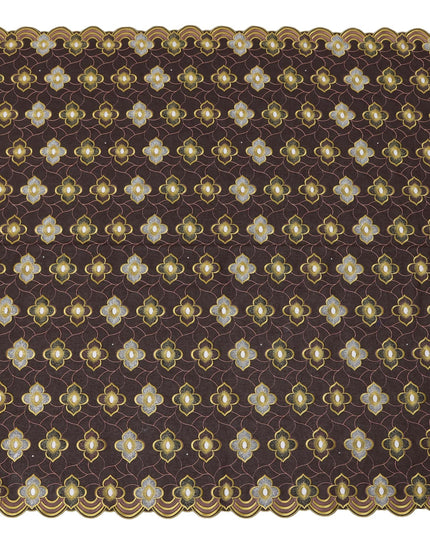 Chocolate Brown Premium Swiss Cotton Voile Sudanese Thobe Fabric with Gold and Silver Embroidery, 4.5 Meters X 140 Cms-D21644