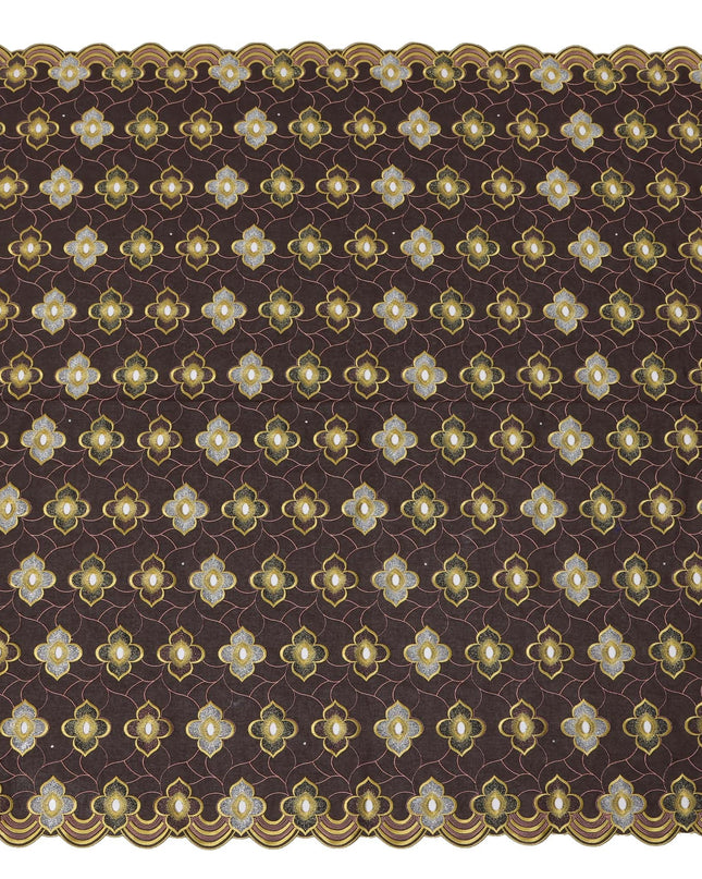 Chocolate Brown Premium Swiss Cotton Voile Sudanese Thobe Fabric with Gold and Silver Embroidery, 4.5 Meters X 140 Cms-D21644