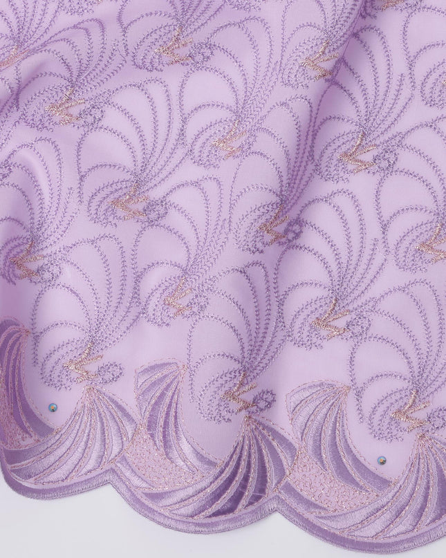 Lavender Premium Swiss Cotton Voile Sudanese Thobe Fabric with Pink Embroidery and Scalloped Border, 4.5 Meters X 140 Cms-D21645