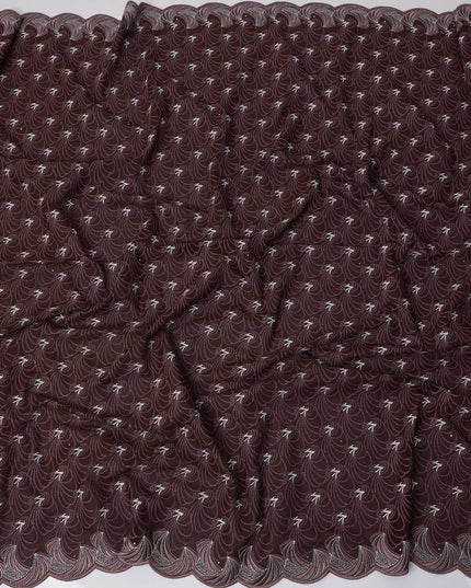 Chocolate Brown Premium Swiss Cotton Voile Sudanese Thobe Fabric with White Embroidery and Scalloped Border, 4.5 Meters X 140 Cms-D21646