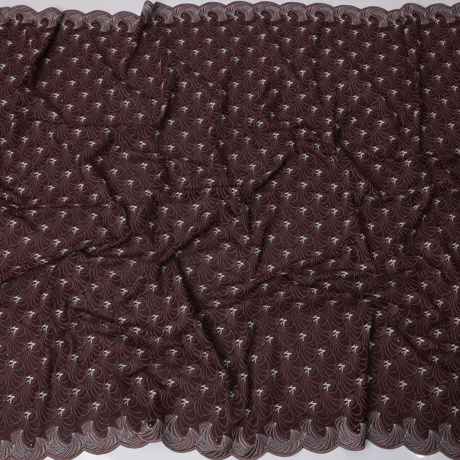 Chocolate Brown Premium Swiss Cotton Voile Sudanese Thobe Fabric with White Embroidery and Scalloped Border, 4.5 Meters X 140 Cms-D21646