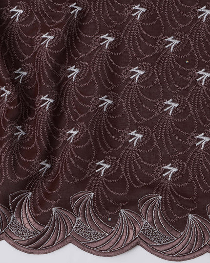 Chocolate Brown Premium Swiss Cotton Voile Sudanese Thobe Fabric with White Embroidery and Scalloped Border, 4.5 Meters X 140 Cms-D21646