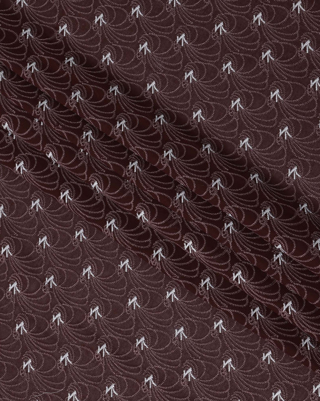 Chocolate Brown Premium Swiss Cotton Voile Sudanese Thobe Fabric with White Embroidery and Scalloped Border, 4.5 Meters X 140 Cms-D21646