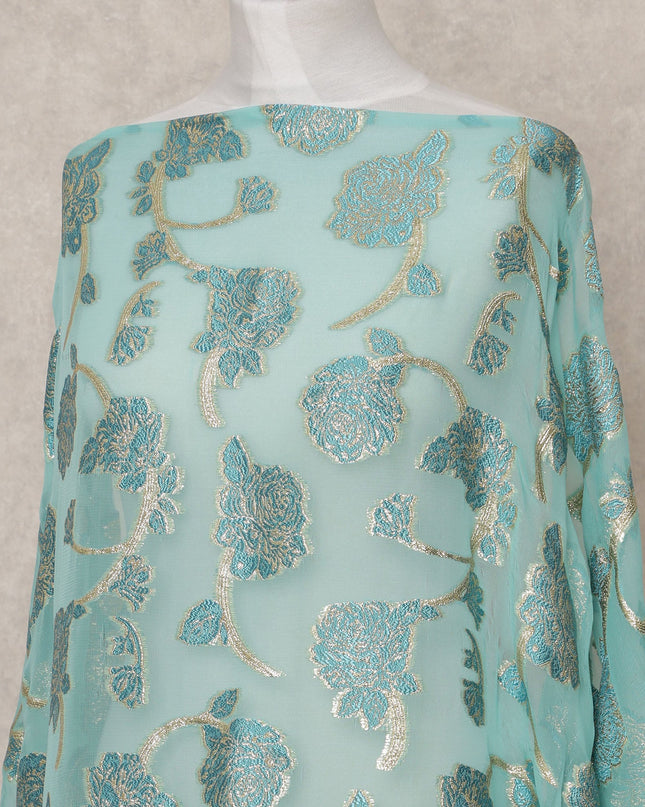 قماش ديراك حريري فاخر فرنسي صومالي فيروزي مع لوركس معدني - 3.5 متر، عرض 140 سم، صنع في فرنسا - D24584