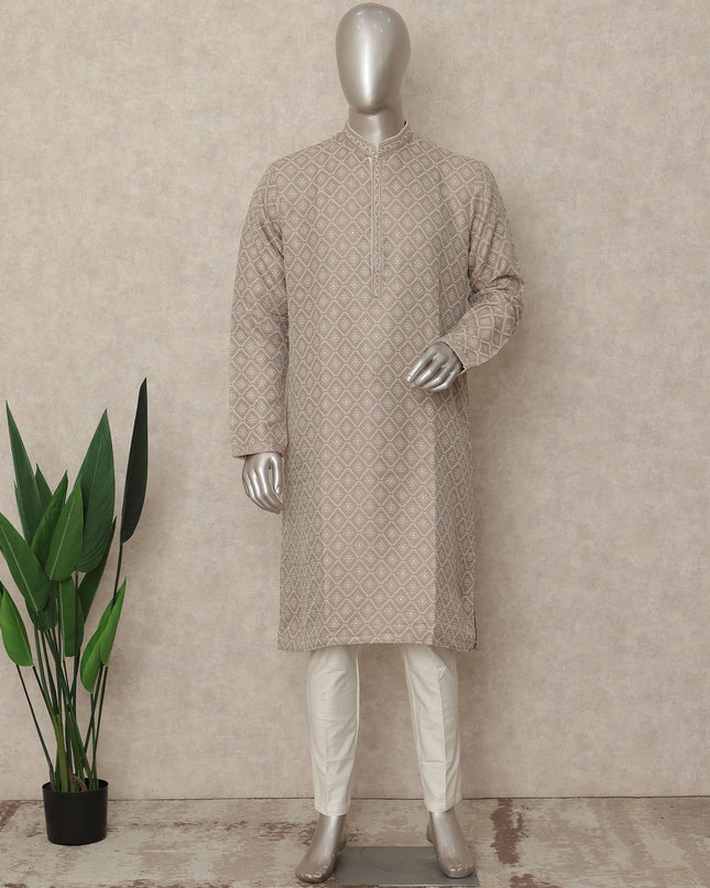 Beige Chikankari Kurta Pyjama Set for Men