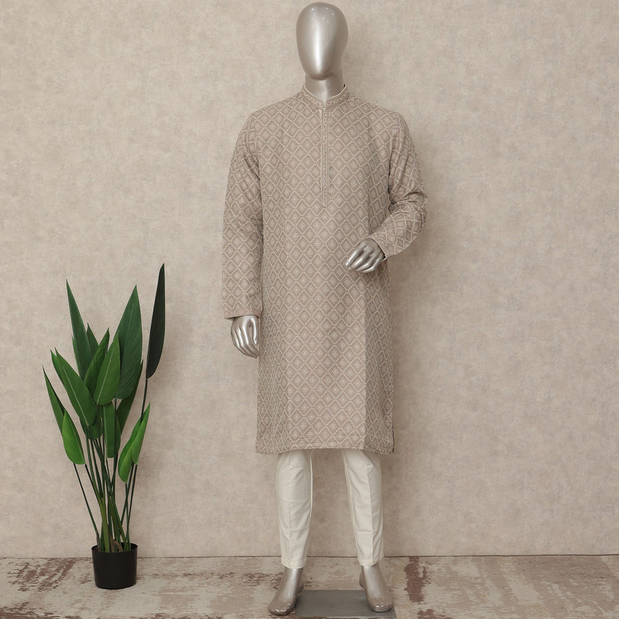 Beige Chikankari Kurta Pyjama Set for Men