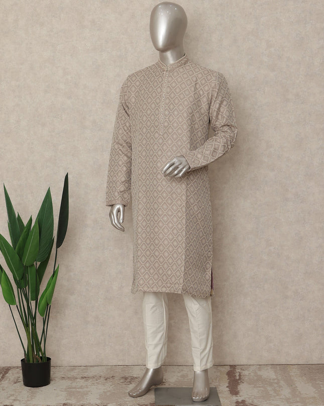 Beige Chikankari Kurta Pyjama Set for Men