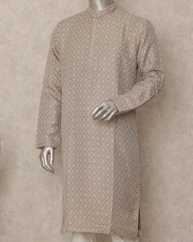 Beige Chikankari Kurta Pyjama Set for Men