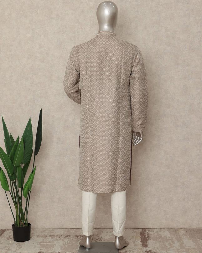 Beige Chikankari Kurta Pyjama Set for Men