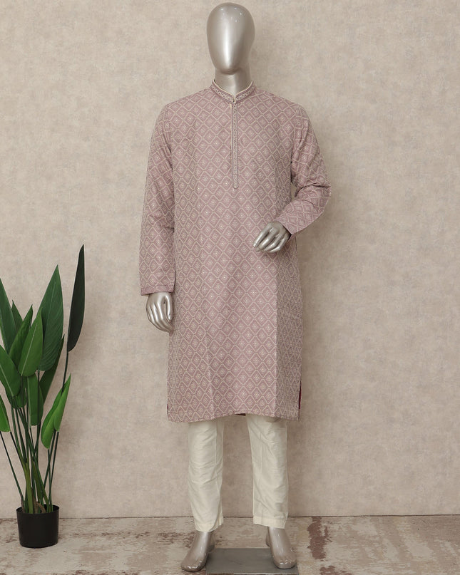Dusty Pink Chikankari Kurta Pyjama Set Men
