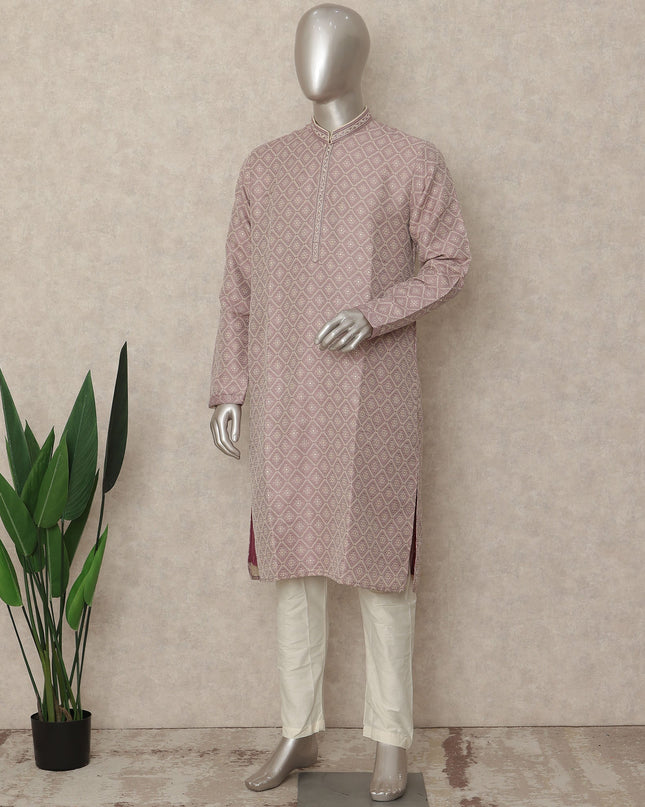 Dusty Pink Chikankari Kurta Pyjama Set Men