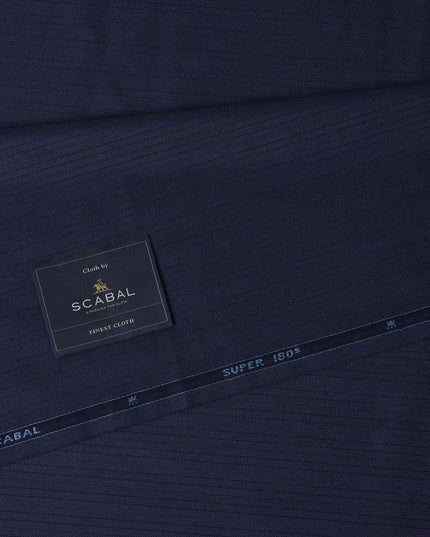 Navy Blue with Herringbone Premium Super 180's SCABAL English All Wool Suiting Fabric, Width 150 Cms, 3.50 Mtrs, United Kingdom-D21486