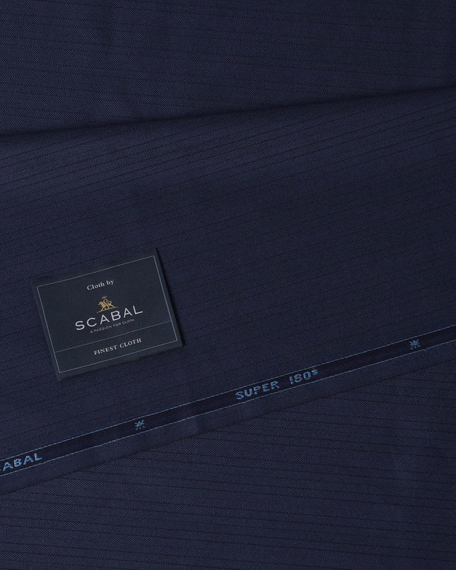 Navy Blue with Herringbone Premium Super 180's SCABAL English All Wool Suiting Fabric, Width 150 Cms, 3.50 Mtrs, United Kingdom-D21486