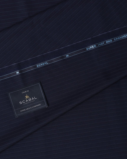 Navy Blue Pinstripe Premium Super 140's Wool and Cashmere and Cashmere Suiting Fabric by SCABAL, 3.50 Mtrs, Width 150 Cms-D21490