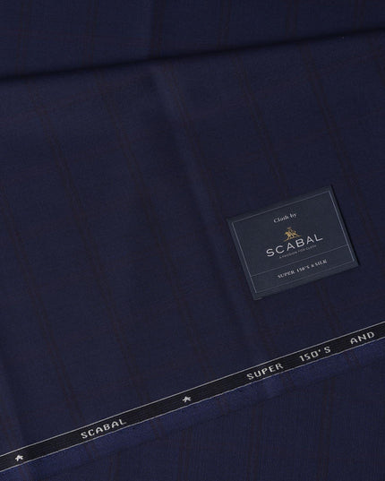 Navy Blue Check Premium Super 150's English All Wool Suiting Fabric by SCABAL, 3.50 Mtrs, Width 150 Cms-D21494