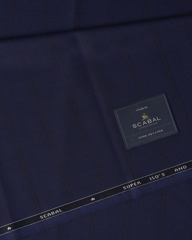 Navy Blue Check Premium Super 150's English All Wool Suiting Fabric by SCABAL, 3.50 Mtrs, Width 150 Cms-D21494