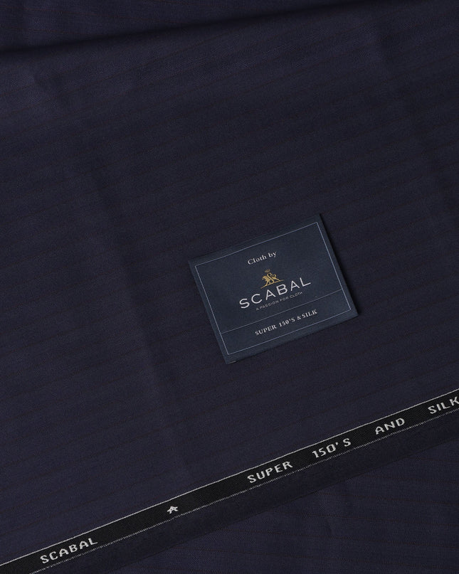 Navy Blue Herringbone Premium Super 150's English Wool and Silk Suiting Fabric by SCABAL, 3.50 Mtrs, Width 150 Cms-D21497