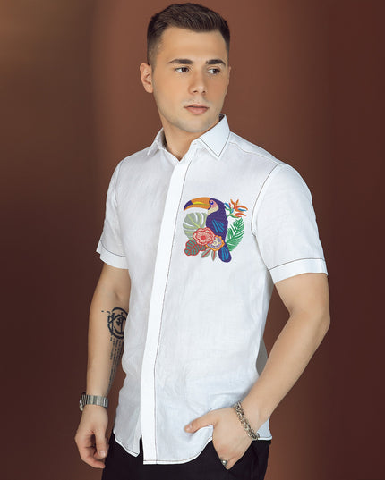 The Art Shirt - Customized Embroidered Pure Linen 60 Lea White Shirt-Parrot Design-D21696