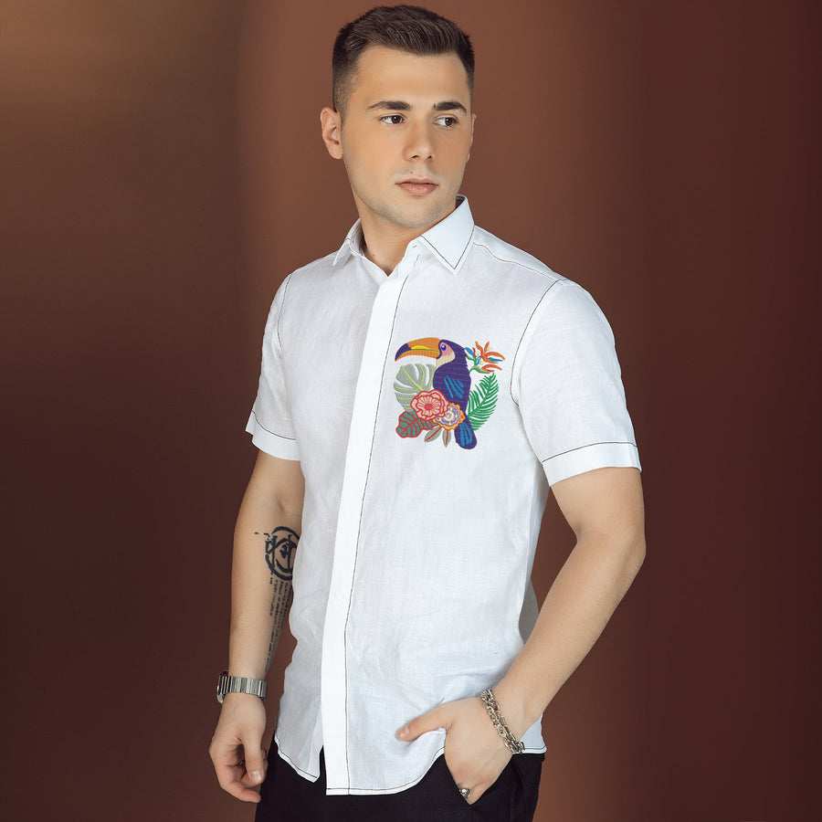 The Art Shirt - Customized Embroidered Pure Linen 60 Lea White Shirt-Parrot Design-D21696