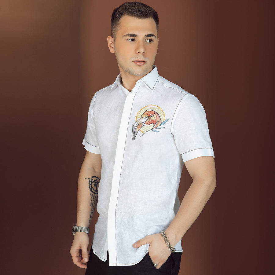 The Art Shirt - Customized Embroidered Pure Linen 60 Lea White Shirt-Heron Design-D21699