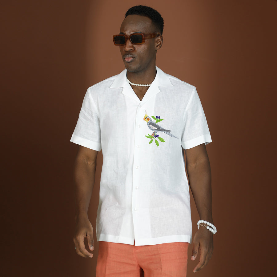 The Art Shirt - Customized Embroidered Pure Linen 60 Lea White Shirt-Cockatiel Design-D21700