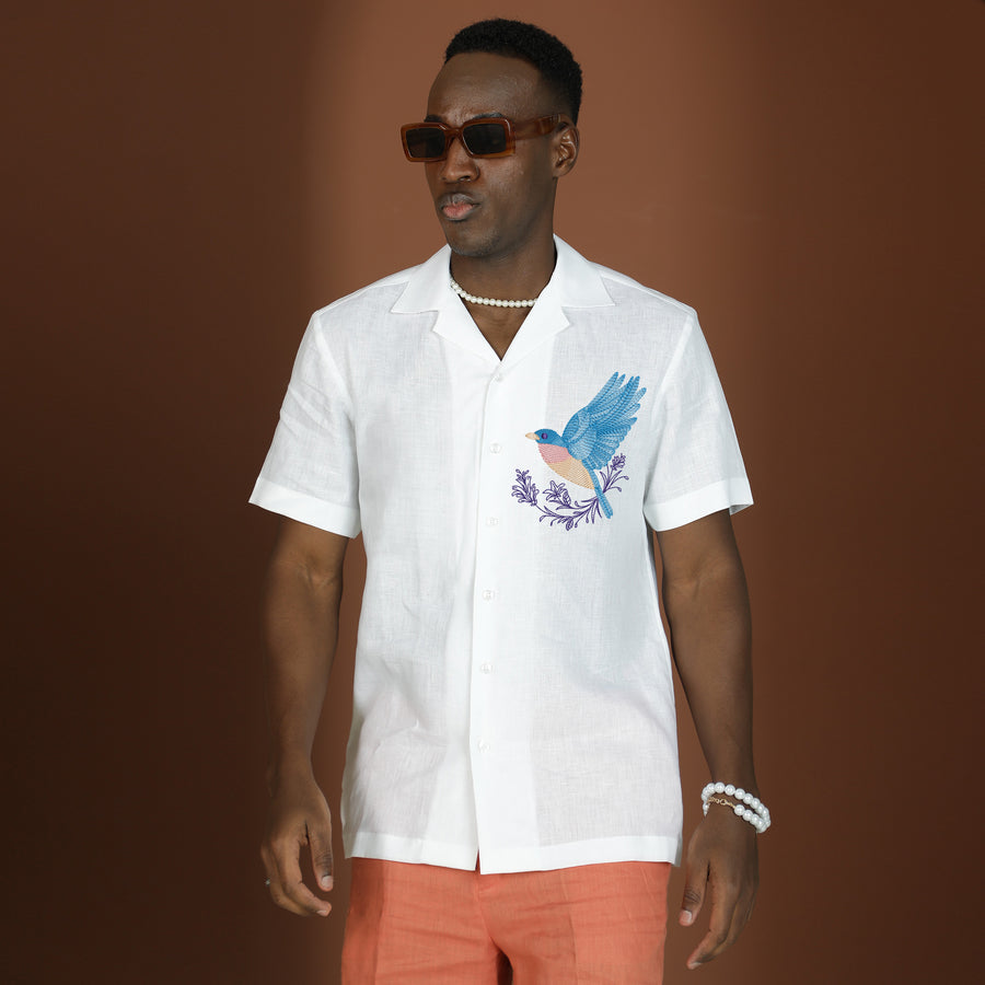 قميص فني - قميص من الكتان الخالص مطرز حسب الطلب مقاس 60 ليا وايت - تطريز بلو بيرد - D21706