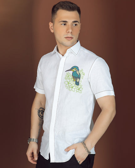 قميص فني - قميص من الكتان الخالص مطرز حسب الطلب مقاس 60 ليا وايت - طائر الفرخ - D21711