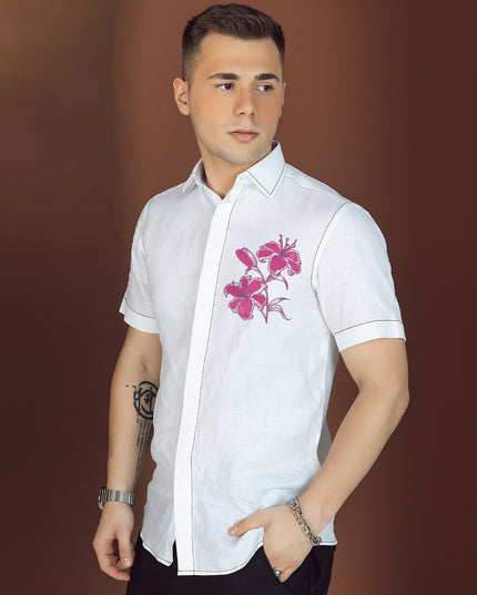 قميص فني - قميص أبيض مطرز حسب الطلب من الكتان الخالص مقاس 60 ليا - تصميم زهور - D21723