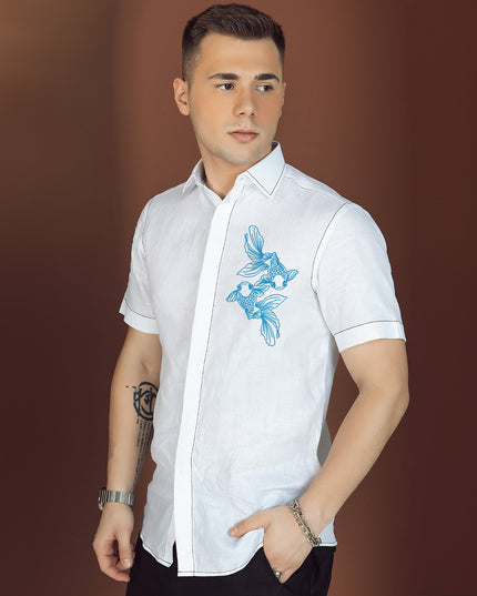 قميص فني - قميص كتان نقي مطرز حسب الطلب مقاس 60 ليا أبيض - سمكة - D21724