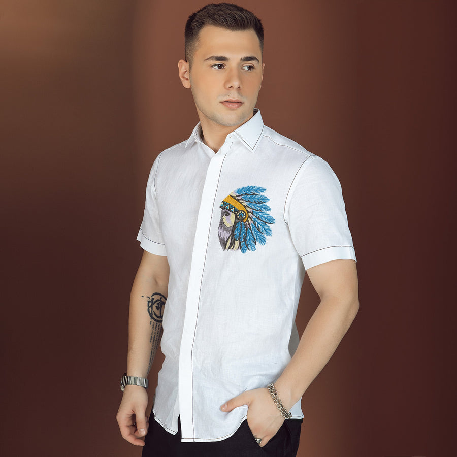 قميص فني - قميص من الكتان الخالص مطرز حسب الطلب مقاس 60 ليا وايت - ريش رئيس - D21733