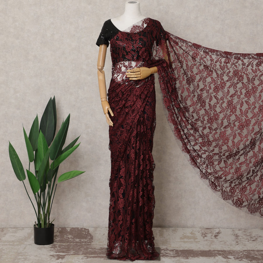 ساري فرنسي من الدانتيل بلونين أحمر وأسود، بطول 5.5 متر وعرض 110 سم - D21847