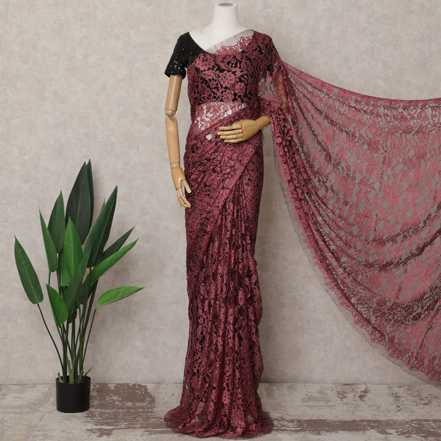 ساري شانتيلي فرنسي ثنائي اللون من خشب الورد والأسود، 5.5 متر، عرض 110 سم - D21852