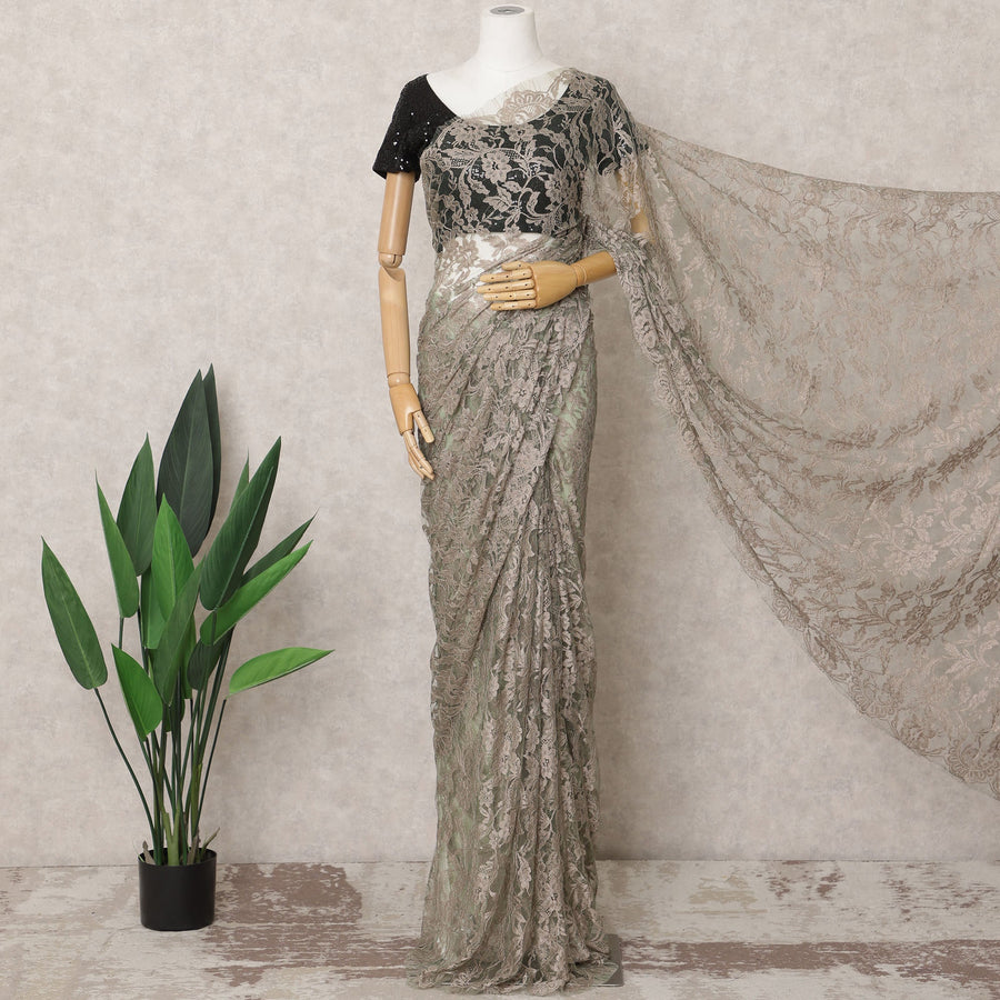 Taupe Grey French 2tone Chantilly Lace Saree, 5.5 Meters, 110 cm Wide-D21855
