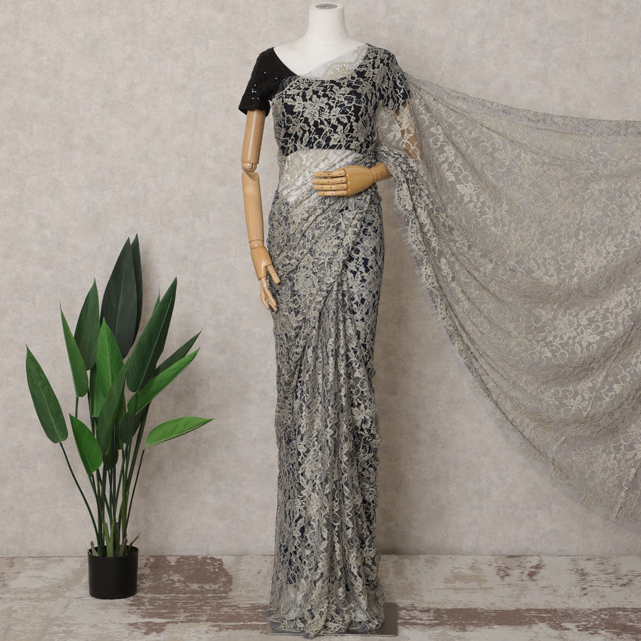 ساري فرنسي من الدانتيل بلونين بيج وأزرق، 5.5 متر، عرض 110 سم - D21857