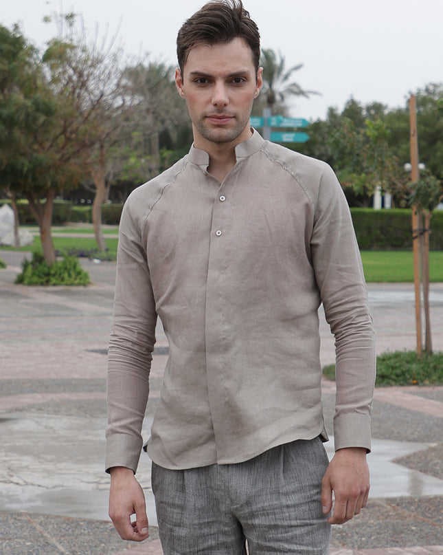 Sand Brown Premium Pure Linen Shirt Mandarin Collar, Made in UAE-D22004