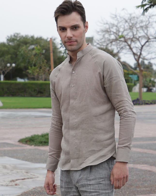 Sand Brown Premium Pure Linen Shirt Mandarin Collar, Made in UAE-D22004