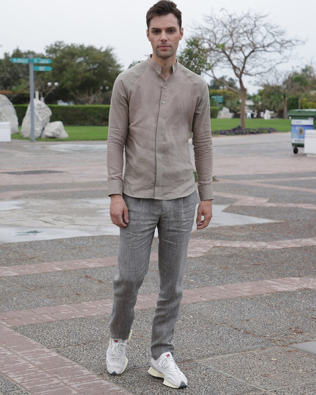Sand Brown Premium Pure Linen Shirt Mandarin Collar, Made in UAE-D22004