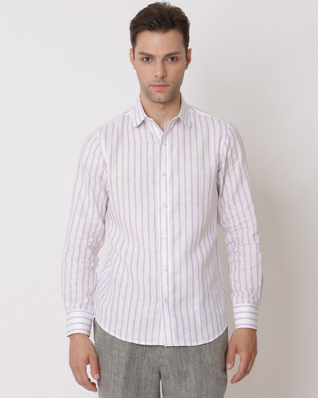White & Lavender Striped Premium Pure Linen Shirt Classic Fit, Made in UAE-D22005