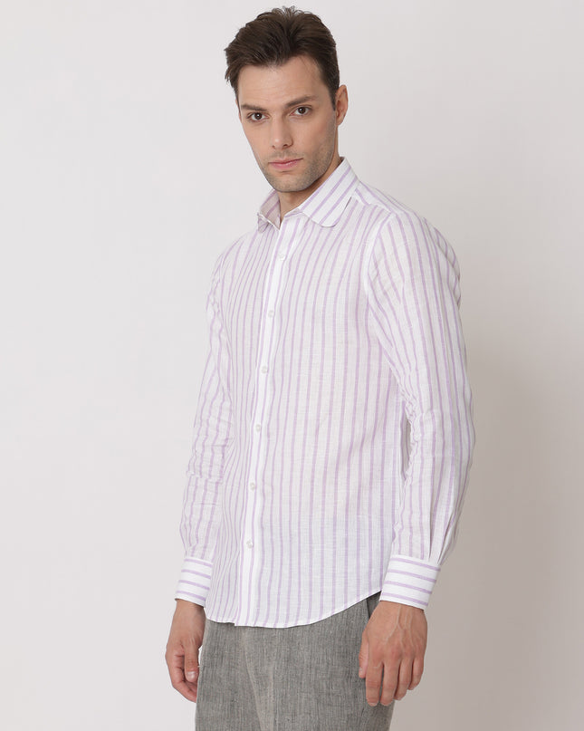White & Lavender Striped Premium Pure Linen Shirt Classic Fit, Made in UAE-D22005