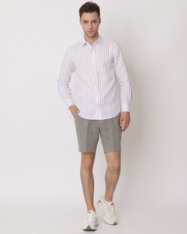 White & Lavender Striped Premium Pure Linen Shirt Classic Fit, Made in UAE-D22005