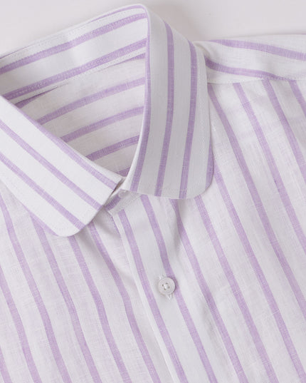 قميص من الكتان الخالص الفاخر مخطط باللونين الأبيض والأرجواني، بقصّة كلاسيكية، صنع في الإمارات العربية المتحدة - D22005